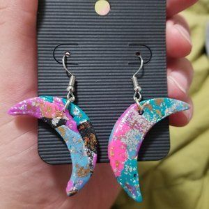 Handmade crescent moon polymer clay earrings with gold, silver, & copper flakes